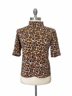 Anthropologie Leopard Cheetah Print Mock Neck Short Sleeve Cotton Top Size XS